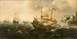 Dutch Ships sailing off a Rocky Shore