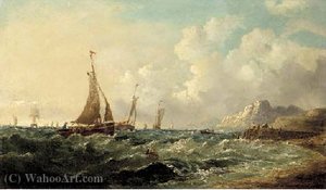 Fishing boats off a rocky coast