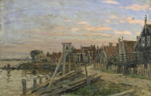 Study of wooden houses on a beach at sunset