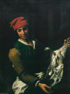 A Young Butcher, Standing In An Interior, Holding A Goat's Leg — Antonio Mercurio Amorosi