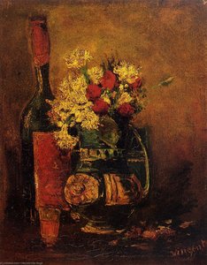 Vase With Carnations And Roses And A Bottle — Vincent Willem Van Gogh