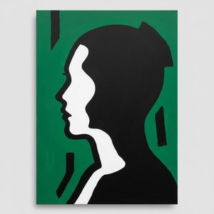 Emerald Echoes: A Monumental Profile Against Structured Graphic Silence. — Christian Noiret, Contemporary Abstract Painting