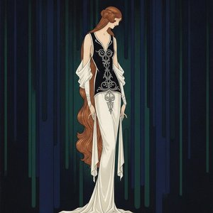 Auburn Tresses Amidst Midnight Verticality And Silken White Drapery — Valentin Laurent De Courcey, Art Deco