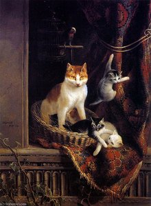 Cat And Playing Kittens Sun — Henriette Ronner Knip
