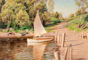 Landscape With Boys In Sailboat — Johan Krouthén