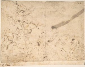 Three Putti Holding Cross Before Two Male Saints — Alonzo Cano