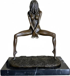 Bronze Crouching Figure Sculpture On Marble Base, Expressionist Texture Bronze Sculpture Evoke A