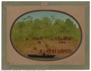 An Omagua Village - Boat Sketch — George Catlin