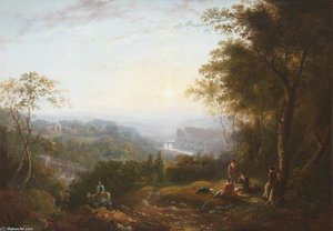 A River Landscape With Two Bridges, A Ruined Abbey, Castle And Boys In A Wood — William Havell