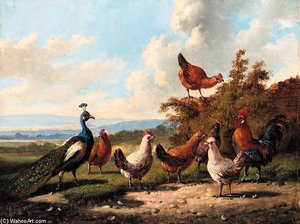 Peacock, Rooster And Chickens By A Ruin; And Rooster, Chickens And Chicks In A Landscape By A Basket; Rooster, Turkey And Chickens By A Ruin — Albert Verhoesen