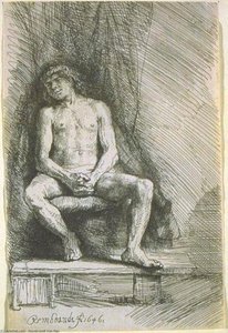 Study From The Nude Man Seated Before A Curtain — Rembrandt Van Rijn, Dutch Golden Age