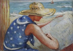 Lady Reading A Newspaper On A Beach — Georges Van Houten