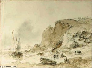 Fishermen Unloading Their Merchandise On A Rocky Coast — Andreas Schelfhout