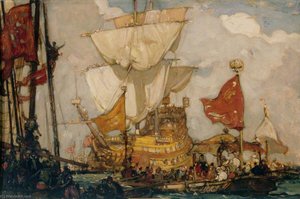 Queen Elizabeth Going Aboard The 'golden Hind' At Deptford — Frank Brangwyn
