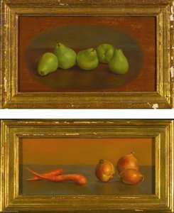 Carrots And Onions And Ripening Bartletts Two Paintings — Alvin Ross