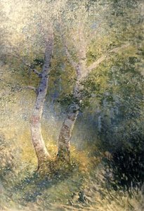 (double Trunk Birch Tree In Green Glade), (painting) — Horace G Hewes