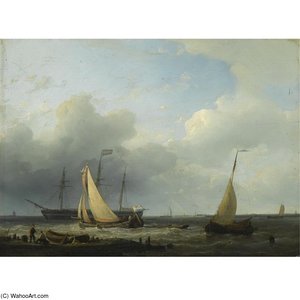 Fishing Boats And A Frigate On Choppy Waters — Abraham Hulk Senior