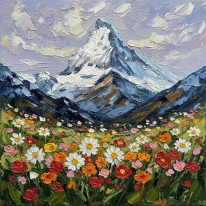 Ethereal Alpine Bloom: A Singular Masterpiece Of Textured Summits And Vibrant Wildflowers — Christian Noiret, Contemporary Abstract Painting