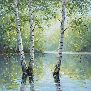 Leuchtende Birkenreflexionen In Einer Meditativen Symphonie Aus Blassem, Grünlichem Licht — Christian Noiret