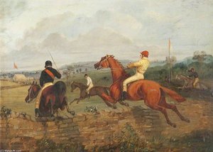 Two Steeplechasers Clearing A Wall, With Two Steeplechasers In The Middle Distance — Henry Thomas Alken