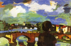 Dresde, Ponts Sur L'elbe (avec Figure De Dos), Dresden, Bridges On Elba (with Figure Of Back), Huile Sur Toile, — Oskar Kokoschka