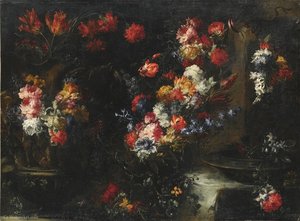 An ornate still life with flowers in vases on a stone ledge