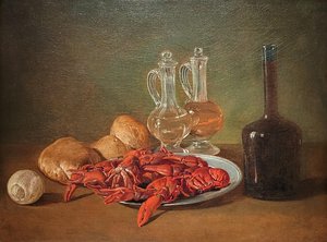 Still Life With Pewter Plate, Shrimps, A Lemon, Glass Cruets, Bread And A Bottle Of Wine — Джакомо Черути (питокетто)