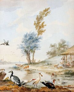 Landscape With Water Birds Sun — Aert Schouman