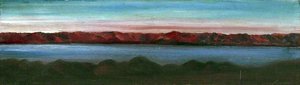 Landscape with a Lake Surrounded by Mountains and a Pink Sky