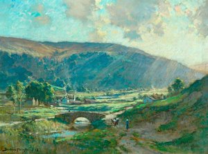 Sunlit Valley With Hamlet, Bridge And Cattle — Bertram Priestman