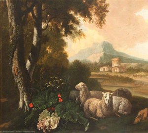 Three Sheep Resting with Buildings and a Farmer in the Background
