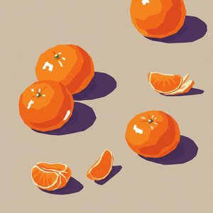 Symphonie der Zitrusfrüchte: Eine minimalistische Studie in leuchtendem Orange und tiefen Indigo-Schatten