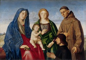 Madonna And Child With A Holy Female Martyr, Saint Francis Of Assisi And The Donor — Vincenzo Catena, Early Renaissance