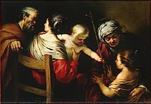 LA SAINTE FAMILLE AVEC SAINTE ELISABETH ET LE PETIT SAINT JEAN BAPTISTE A QUI L'ENFANT DONNE UNE CROIX DE ROSEAU