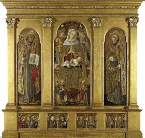 Virgin And Child Enthroned St Bonaventura (left) St Louis Of Toulouse (right) St Agatha And St Augustine, An Unidentified Female Franciscan St And St Clare Of Assisi, Four Male Franciscan Saints (below) — Vittore Crivelli, Venetian Renaissance