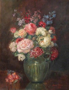 Flowers In A Green Glass Jug On A Table — David Paton