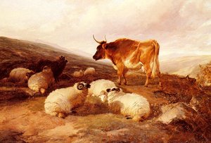 Rams And A Bull In A Highland Landscape — Thomas Sidney Cooper