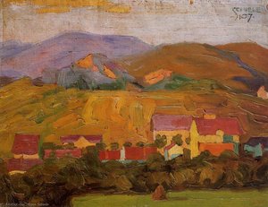 Village With Mountains — Egon Schiele, Expressionist Style