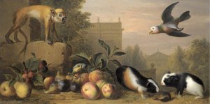 Capuchin squirrel monkey, two guinea pigs, a blue tit and an Amazon St. Vincent parrot with Peaches, Figs and Pears in a landscape