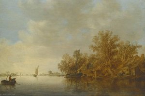 A River Landscape With Two Fishermen In A Boat, Hauling In Their Nets, And An Unrigged Fishing Pink Moored At The Wooded River Bank Of A Small Settlement — Jan Josefsz Van Goyen