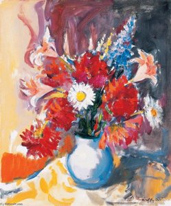 Flower Still-life With Lily, Delphinium And Daisy — Ödön Márffy, Post-impressionism