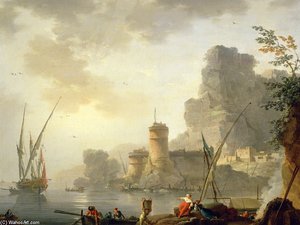 A Mediterranean Harbour Scene At Sunset — Charles Francois Lacroix De Marseille