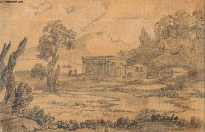 Buildings By A River With Hills In Background — Alexander Cozens