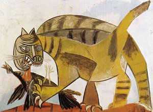 Cat Eating A Bird — Pablo Picasso, Cubist Style