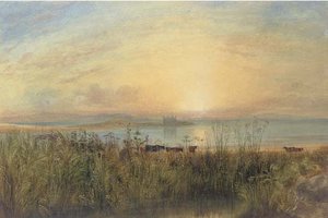 A Lake Landscape With Cattle Grazing And A Castle Beyond — Andrew Nicholl