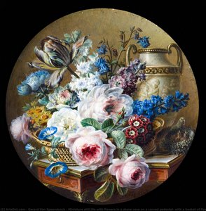 Miniature Still Life With Flowers In A Stone Vase On A Carved Pedestal, With A Basket Of Flowers And A Nest — Gerard Van Spaendonck