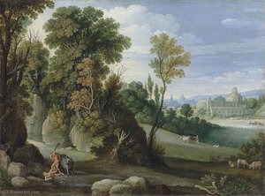 A wooded landscape with Hercules and Cacus