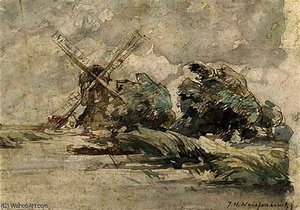 Windmill In A Windy Polder Landscape — Jan Weissenbruch