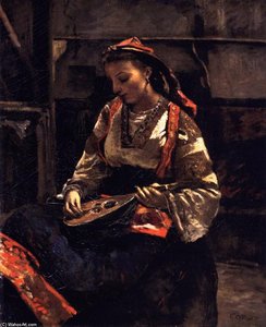 Seated Italian Woman Playing A Mandolin In Corot's Studio — Jean-baptiste-camille Corot, Realism