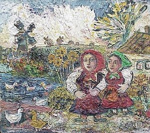 Two Girls In A Farmyard With Ducks And A Windmill — David Davidovich Burliuk